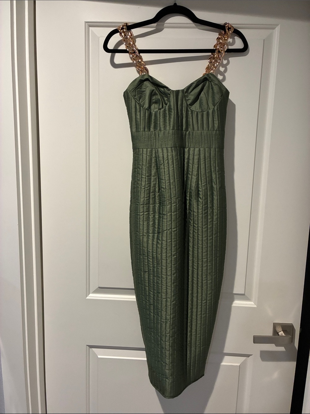 NW: Olive  Green Quilted Midi Dress with Gold Chain Straps
